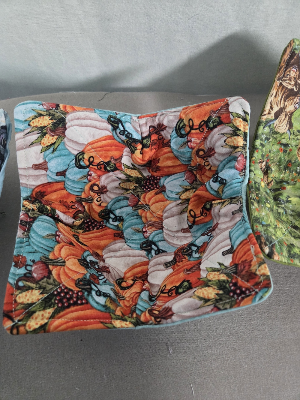 Cozy Bowl ..Pumpkin Patch Quilted Fabric Bowl - Orange, Teal, White